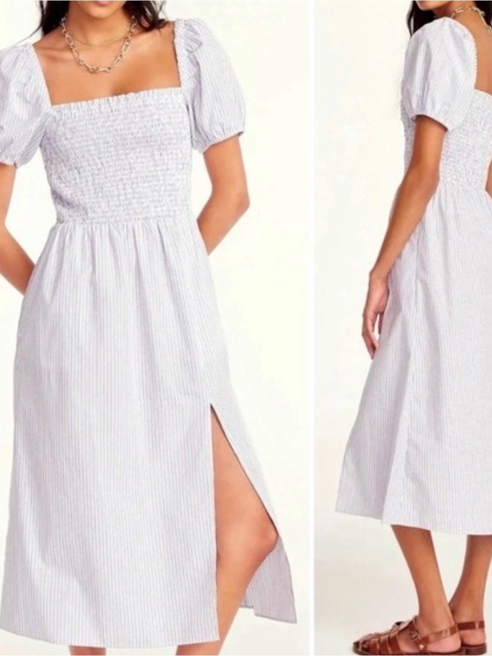 J. Crew women’s Smocked Square-Neck Midi Light Blue Stripe dress size XL